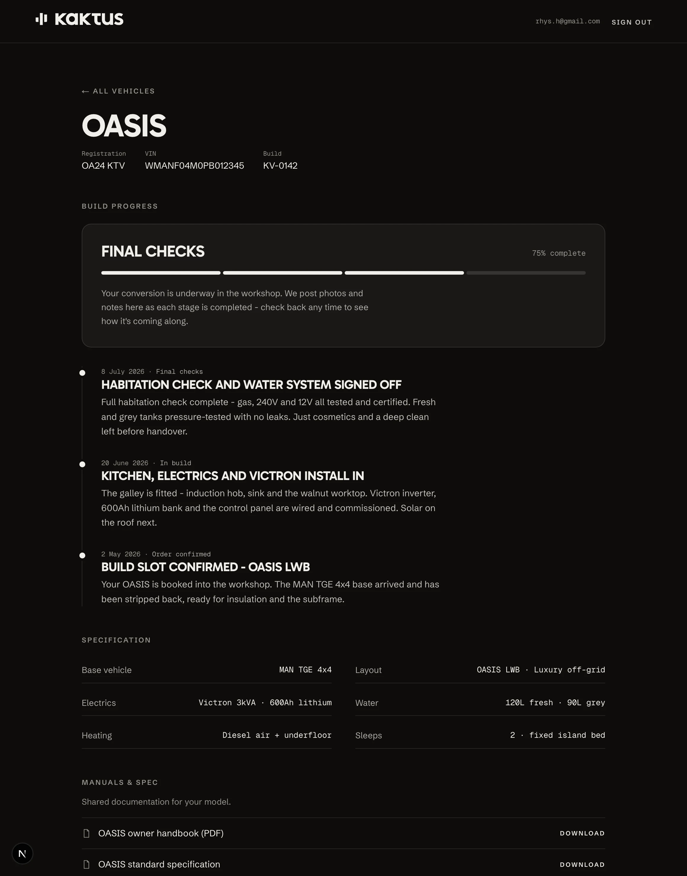 The Kaktus customer portal on a phone, showing a van build in progress